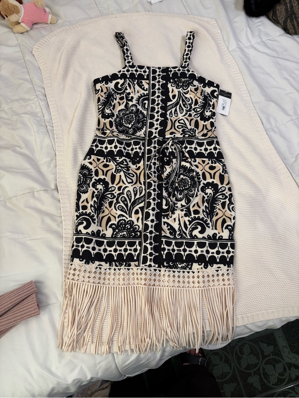 Tahari Black & Cream Paisley Fringe Mini Dress